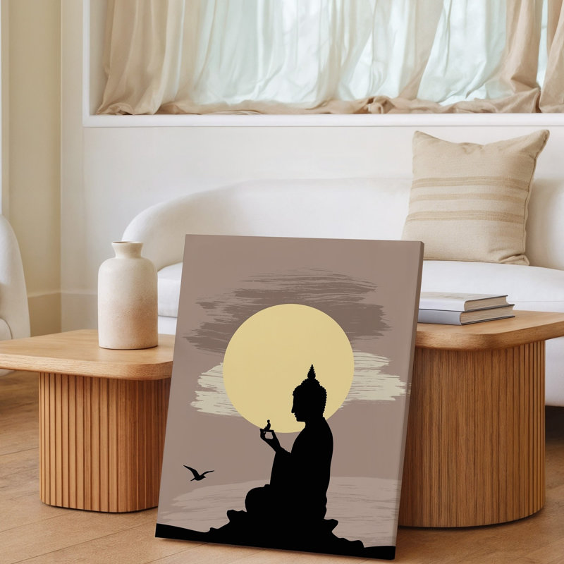 Toile, silhouette sereine d'un Bouddha assis, berçant doucement une petite statue dans une main, H 12 po x l 9 po
