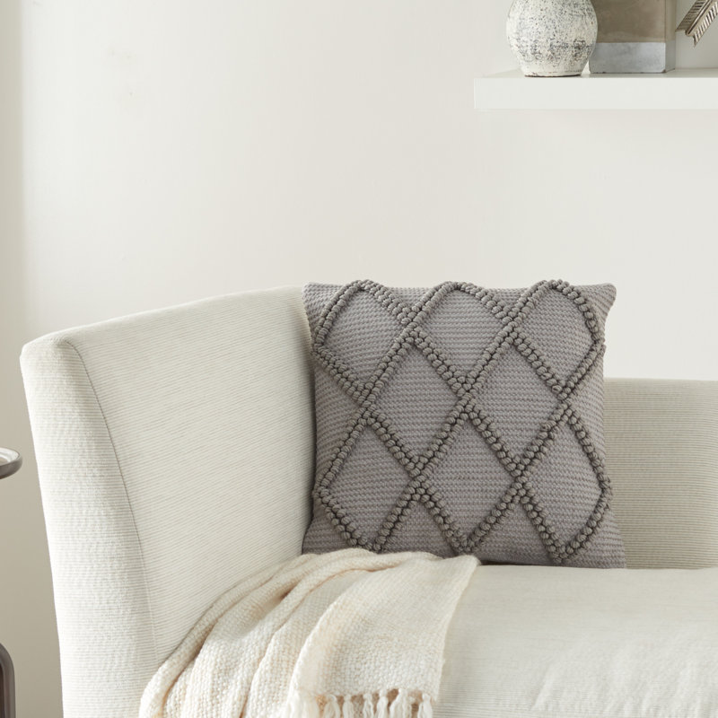 Ascano Textured Geometric Cotton and Polyester Square Throw Pillow with Insert, Light Gray