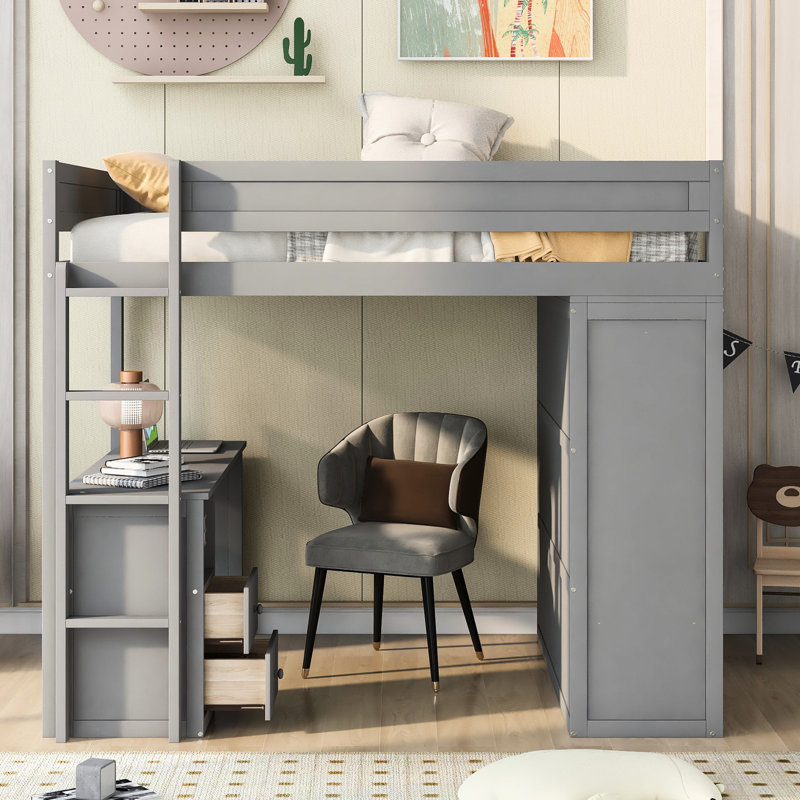 Lit mezzanine moderne avec placards, bureau 2 tiroirs et armoire en gris, Double, Gris