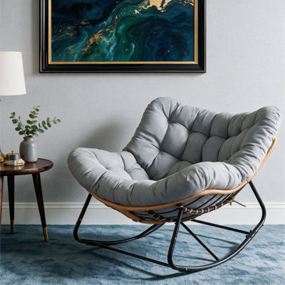 Indoor & Outdoor Papasan Rocking Chair, Oversized Padded Lounge Rocker With Cushion, Comfy Wicker Egg Lounge Chair, Large Indoor Rocking Recliner For Living Room/Porch/Garden(ottoman not included) (Gray)