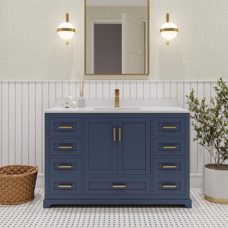 Maya 48'' Single Bathroom Vanity with White Quartz Top, Blue, Brushed Gold