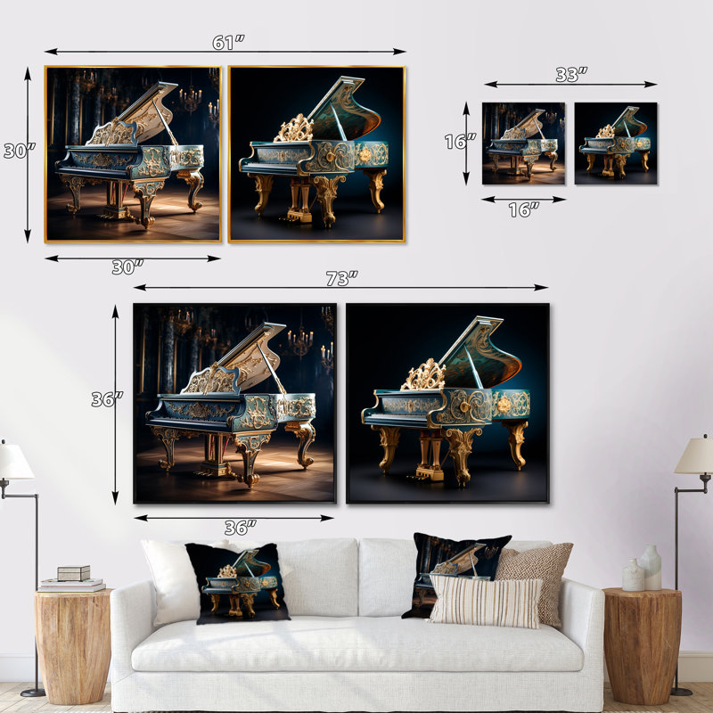 Baroque Piano Brilliance - Ensemble de 2 collages carrés, Cadre flottant noir, H 16 po x l 33 po