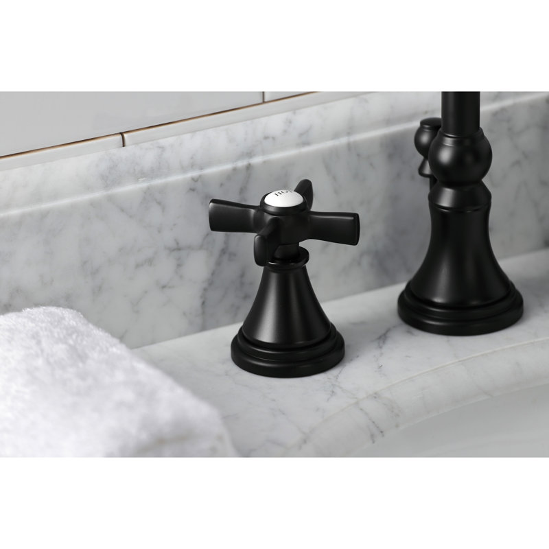 Kingston Brass Millennium Two-Handle 3-Hole Deck Mount Widespread Bathroom Faucet with Brass Pop-Up Drain, Matte Black