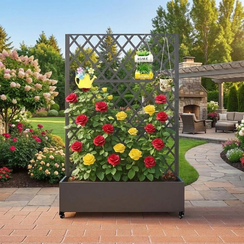 Paravent d'extérieur en métal avec treillis et jardinière - Lit de jardin surélevé à 3 panneaux sur roulettes avec drainage, séparateur de patio pour plantes grimpantes et légumes
