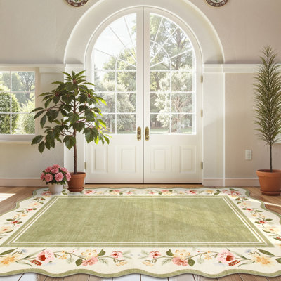 Washable Floral Scalloped Ultra Thin Non-Slip Green 2X6 Runner Rugs For Living Room Bedroom Vintage Office Dining RoomRug