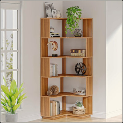  64.96" Tall 6-Tier L-Shaped Corner Bookshelf, Industrial Freestanding Bookcase with Anti-Drop Panel, Heavy-Duty Wood Grain Storage Display Rack for Home Office Bedroom Living Room