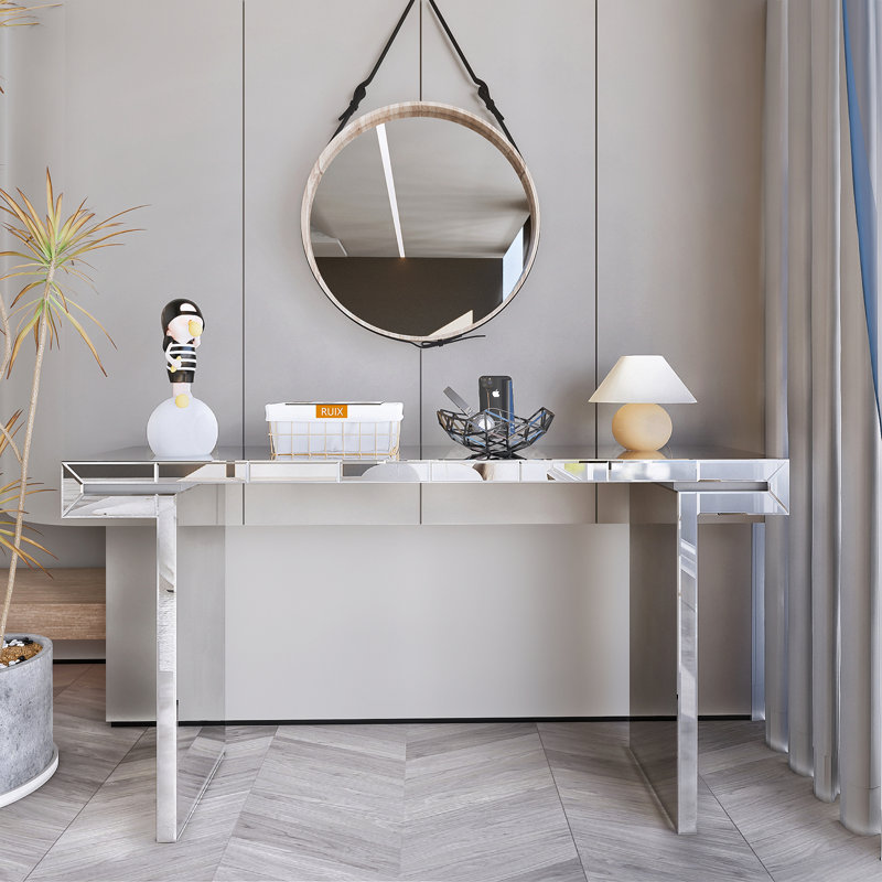 Full-Length Mirror Console Table With Fluted Tempered Glass, Entryway Mirrored Sofa Table