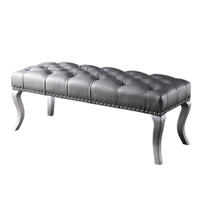 Soft Upholstered Bench With Crystal Button Tufting And Nailhead Trim In Champagne, 48"W X 18"L 18"H, Decorative Comfort Trimmed Champagne Colored Fabric, Improves Appeal