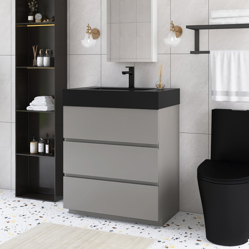 Meuble-lavabo autoportant de 30 po avec plateau en résine intégré, Gris