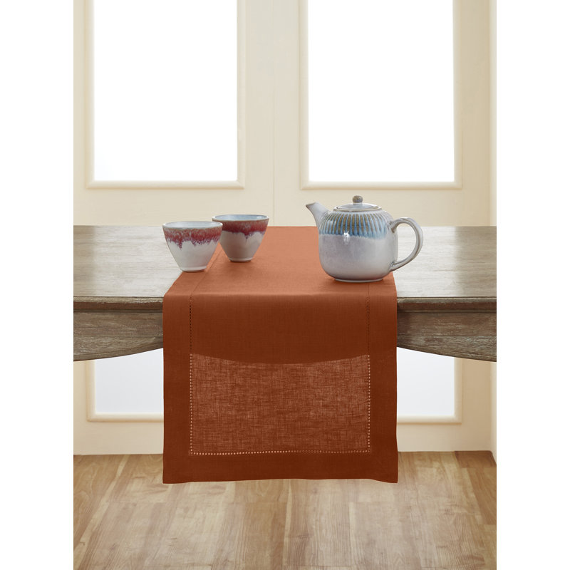 100% Pure Linen Hemstitch Table Runner, 48" x 14", Aqua Blue, Solid Color