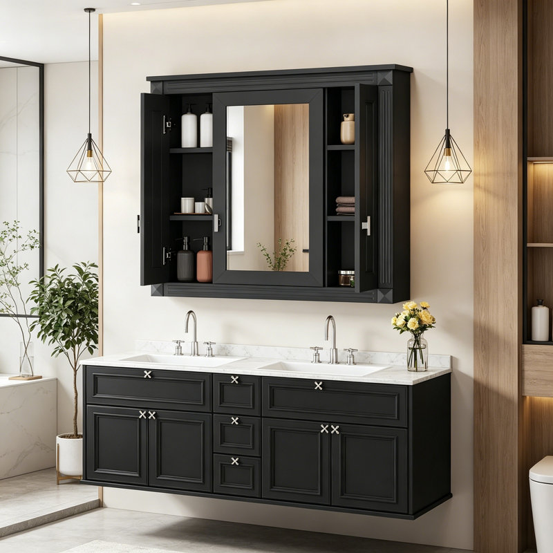 Armoire murale avec miroir et tablettes, Black