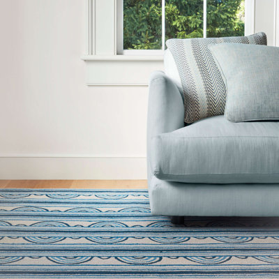 Button Blue Hand-Hooked Striped Wool Rug