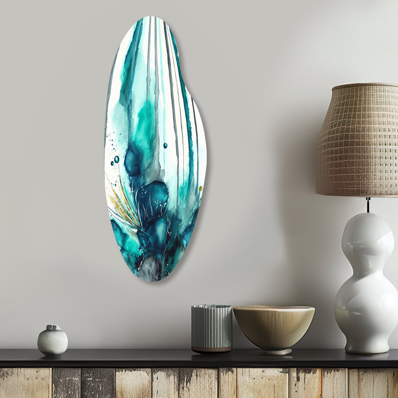 «Tropical Turquoise Joyfulness V», art mural asymétrique à encre liquide, H 30 po x l 11 po