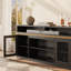 Meuble TV Mercato de style ferme de 150 cm de large, compatible avec les téléviseurs jusqu'à 65 pouces, centre multimédia moderne avec éclairage DEL, buffet en bois avec étagères réglables, console multimédia pour salon et chambre.-1625551799