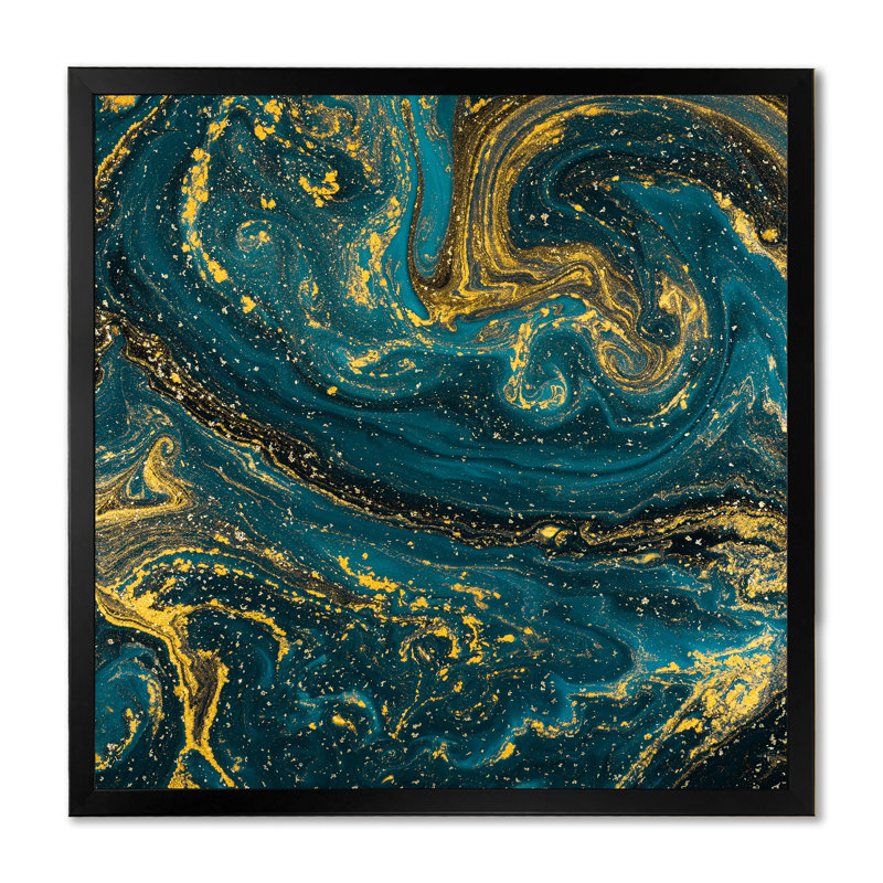 Art bleu doré liquide II - art moderne sur toile, Toile avec cadre noir, L 16 po x H 16 po