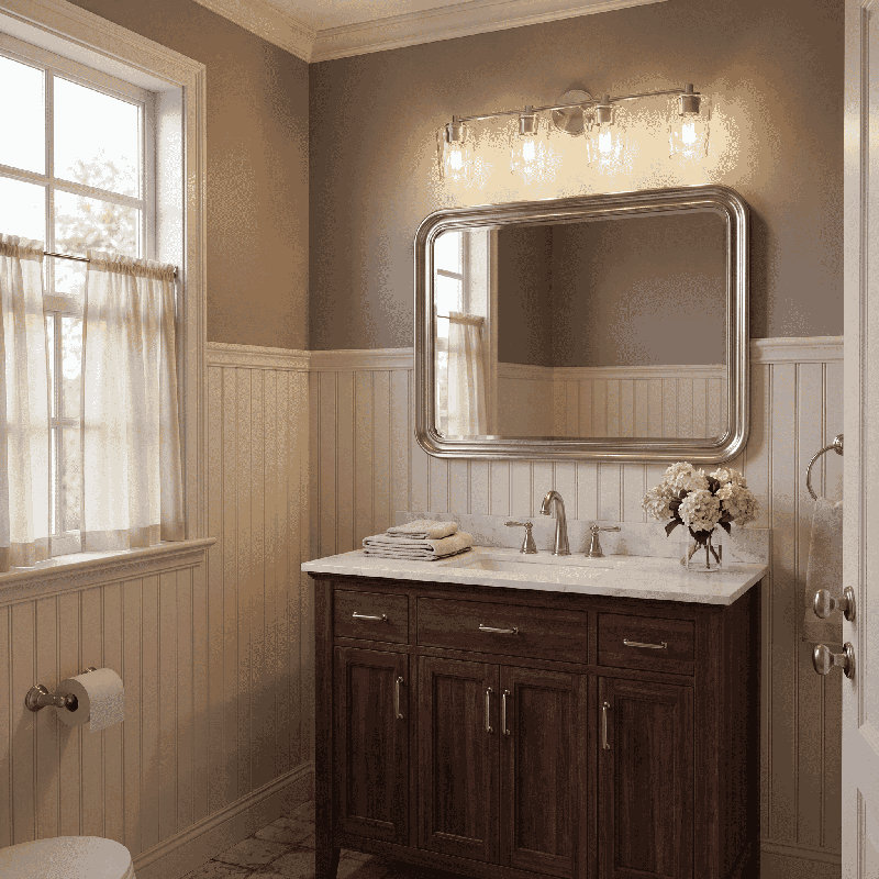  Éclairage pour salle de bain 4 lumières Ballas en nickel satiné, H 9,75 po x l 31,5 po x P 31,5 po, Argent argent