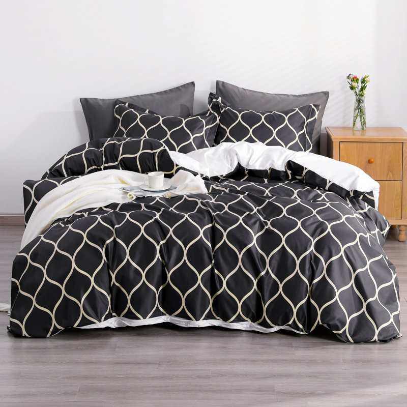 Twin Black and Off-White Microfiber Duvet Cover Set