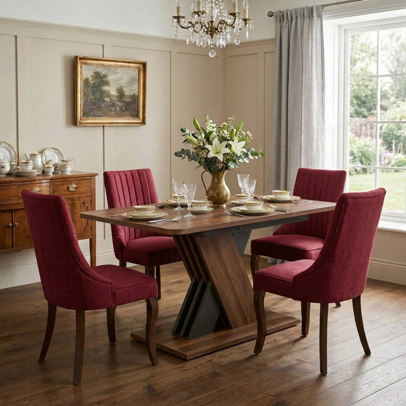Ensemble de salle à manger rectangulaire à piédestal avec tissu en rayonne, Brun, 5, Rouge vin