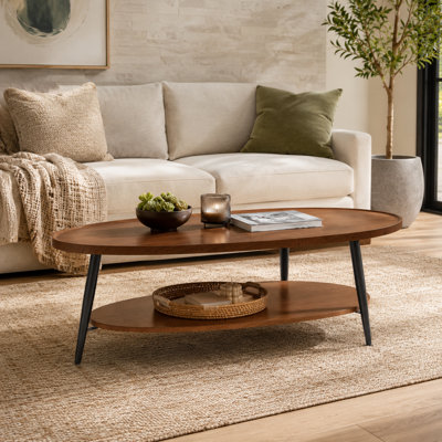 Espresso Oval Double-Layer Wood Coffee Table, Mid-Century Modern Center Table for Living Rooms, Measures D47 x W23.6 x H15 Inches