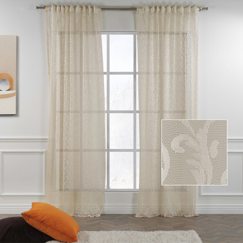 Cream Lace Classic Sheers Curtain Panels,Sheer Window Curtain,Shabby Chic, 52" W x 95" L, Beige