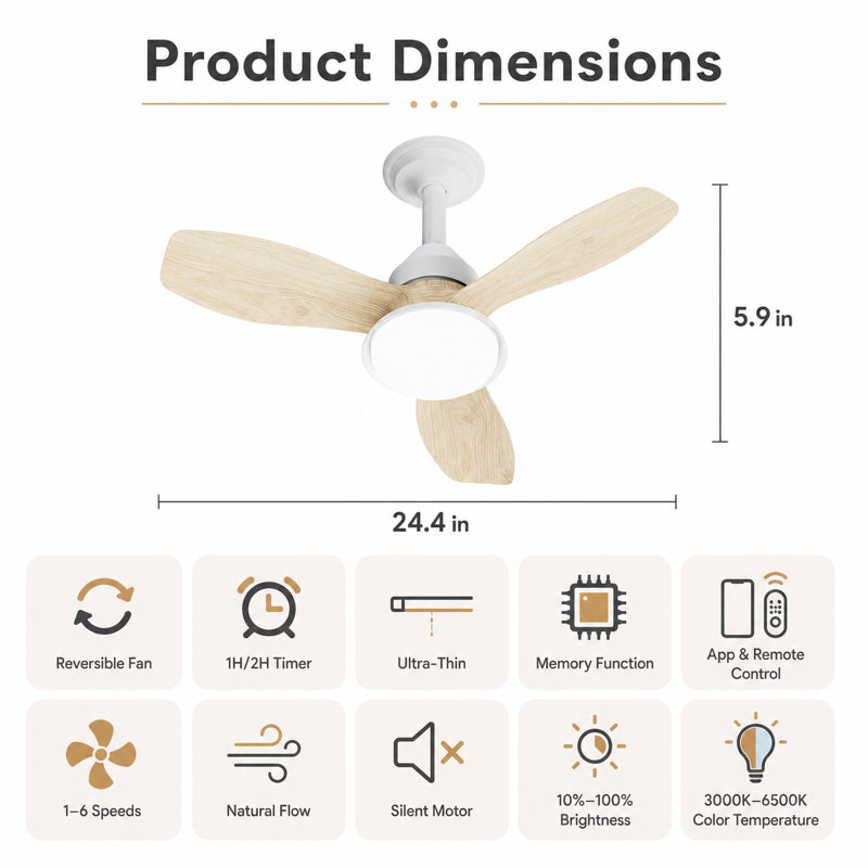 Ventilateur de plafond intelligent 24,4 po avec lumière DEL et télécommande, Bois