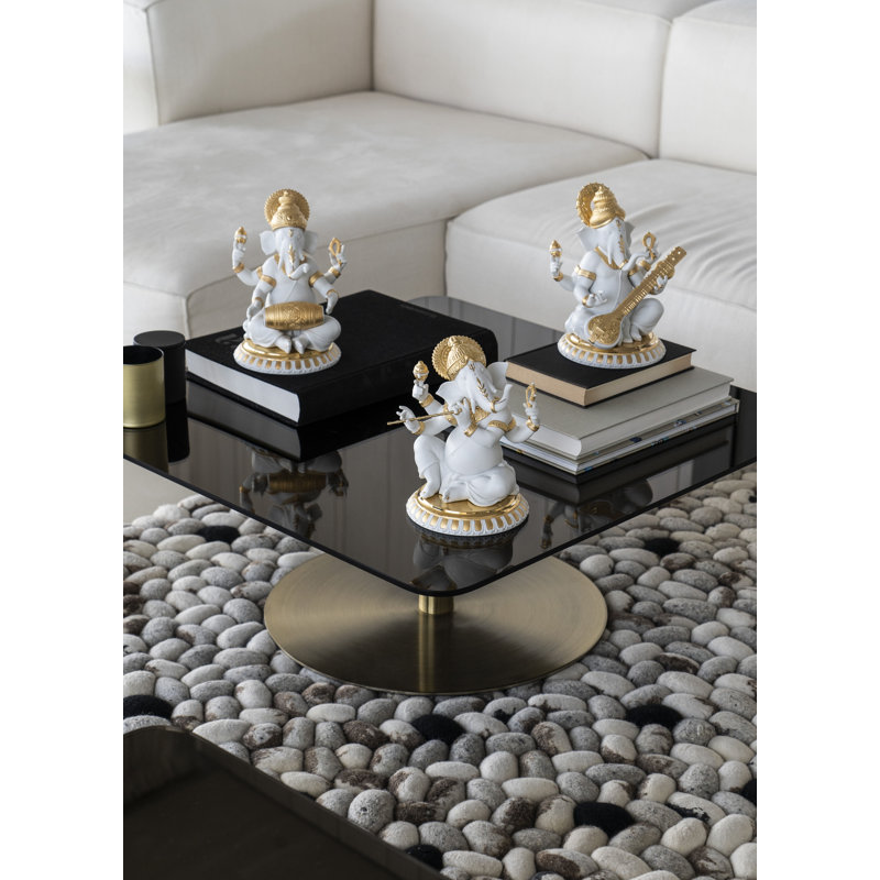 Mridangam Ganesha Figurine, White/Gold