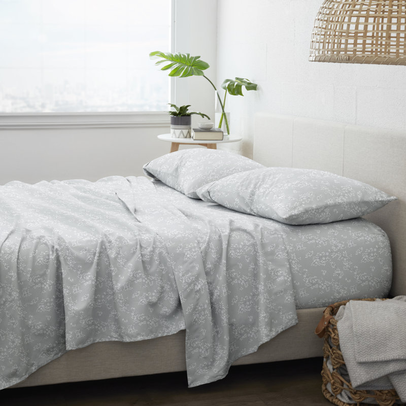 Light Gray Floral Vine Queen Microfiber Sheet Set