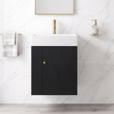 Meuble-lavabo mural en céramique blanche de 50,8 cm (20 pouces) avec lavabo intégré, armoire en MDF noir, 1 porte, rangement latéral à 2 niveaux, poignée en métal, robinetterie non incluse, installation monotrou, noir