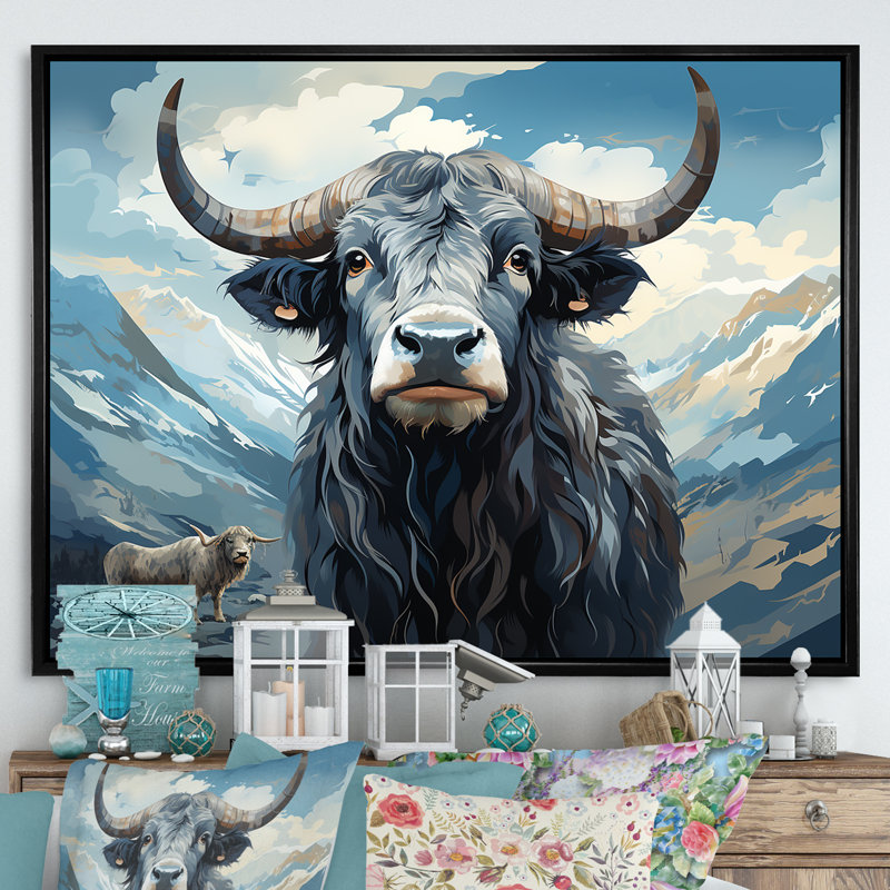 «Blue and Gray Yak», peinture sur toile, Cadre flottant noir, H 30 po x l 40 po x P 1,5 po
