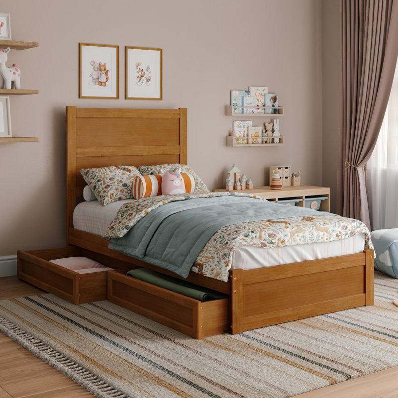 Lit plateforme avec tiroirs de rangement en bois Aveline, Lit simple, Caramel clair