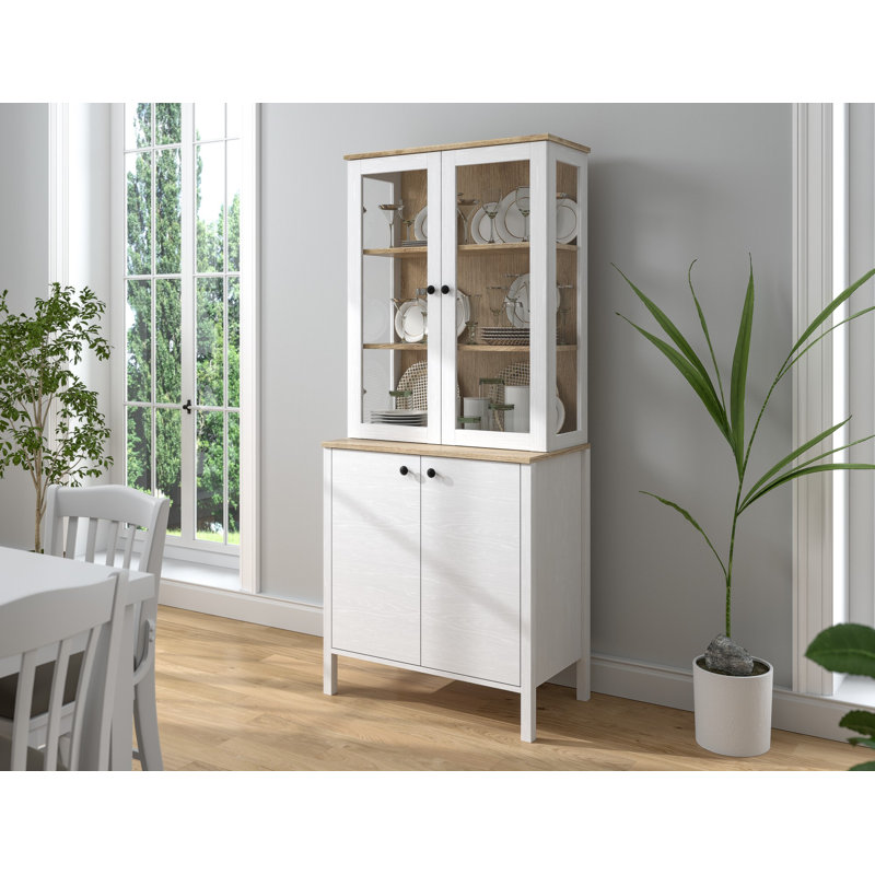 Scandinavian Style Bookshelf, White & Wood Finish, 32.7 x 76.4 x 18.5 inches | 100% Melamine Coated Particle Board, 0.7-inch Edge Banding | Sturdy MDF Profile Legs, Metal Handles, Multiple Shelves, Wall-Mountable