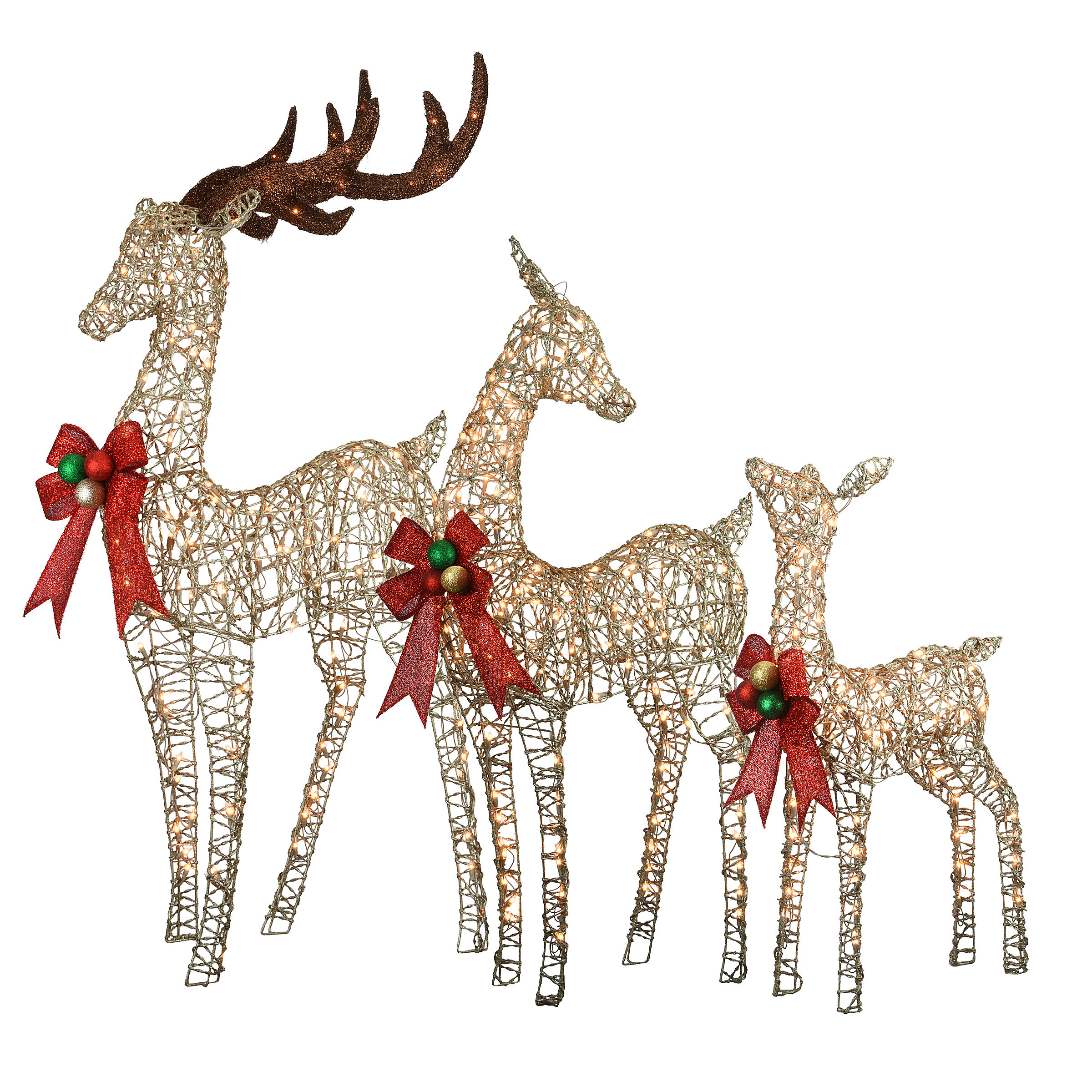 Lighted LED Deer Family with Red Bow, Set of 3