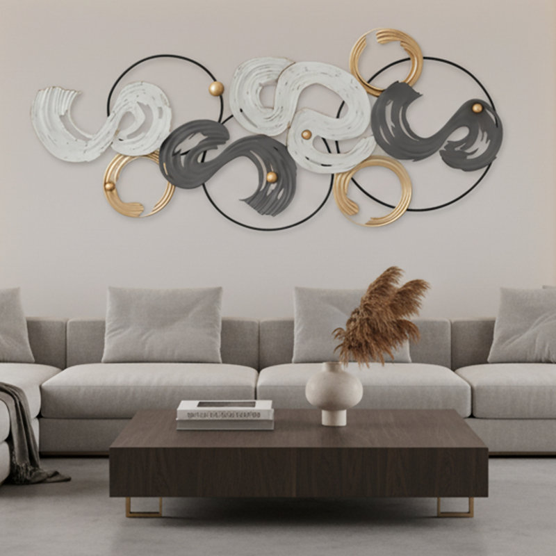 Décoration murale spirale en métal blanc, noir et or