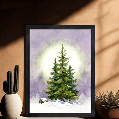 Aquarelle encadrée noire, pin enneigé de Noël en hiver, paysage mural, impressions de style rétro