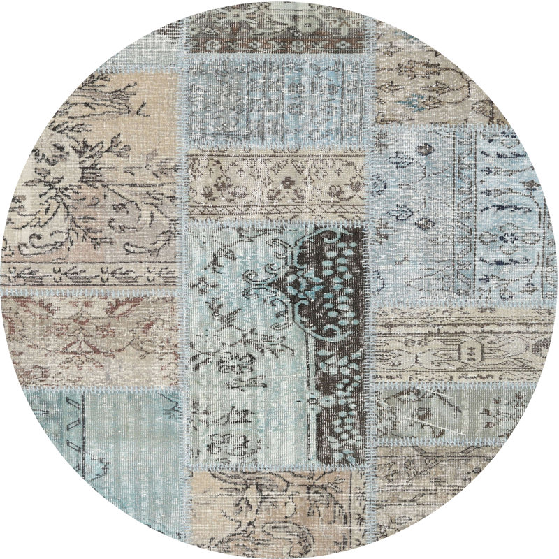 Beige/bleu/Tapis décoratif crème, Rond 5 pi