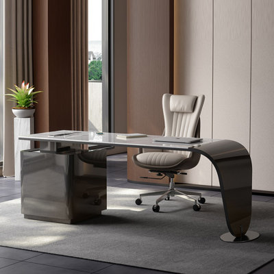 White + DarkGray Rectangular Sintered Stone + Manufactured Wood + Stainless Steel with 3 drawers desk by Groove Interior