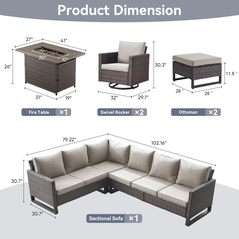 Ingvald 8- Person Outdoor PE Wicker Patio Conversation Set with Fire Pit, Ottomans and Cushions, Beige, Brown
