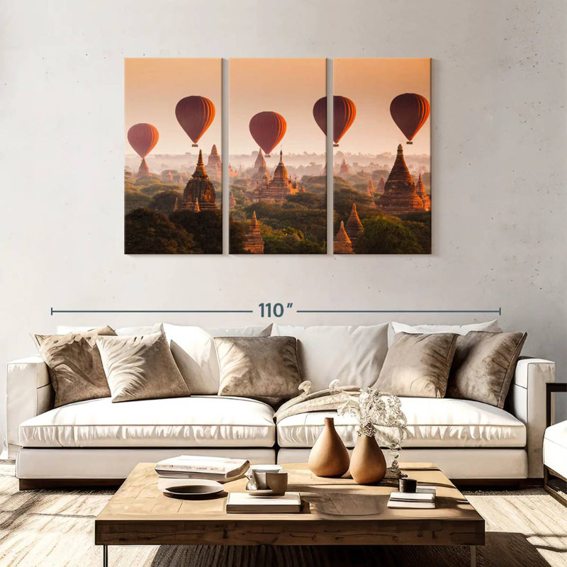 Ballons Mehar au-dessus des tempes de Bagan, H 48 po x l 74 po