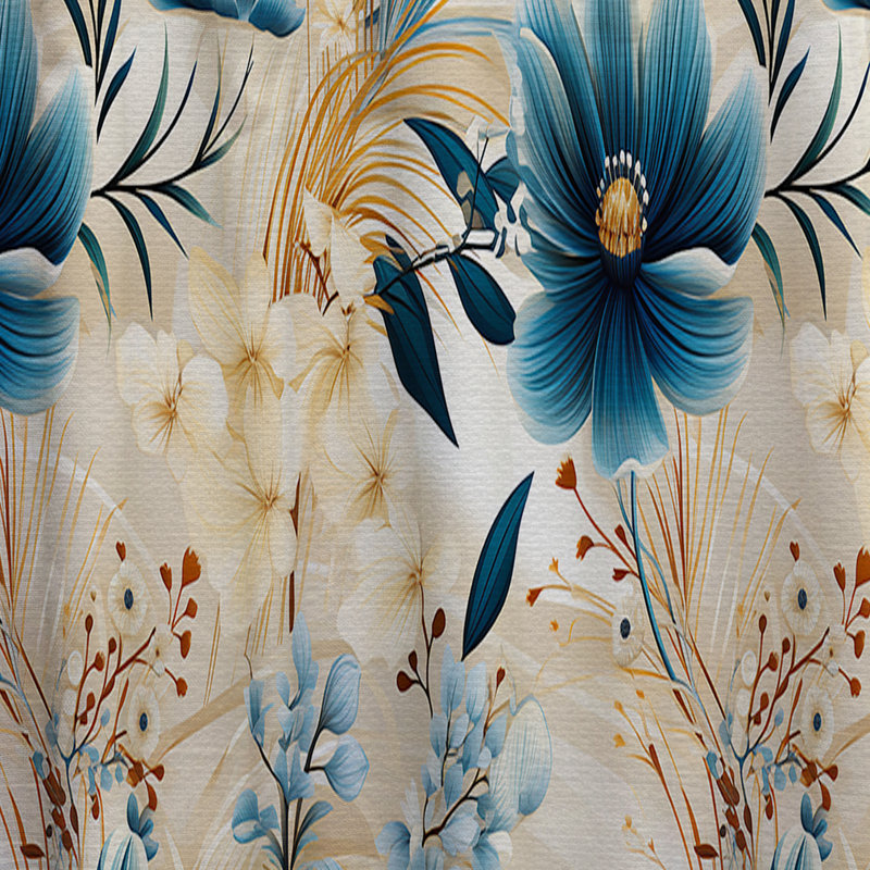 Beige et bleu Escape Flowers - Rideau floral - Velours obscurcissant - 1 panneau, L 52 po x L 63 po