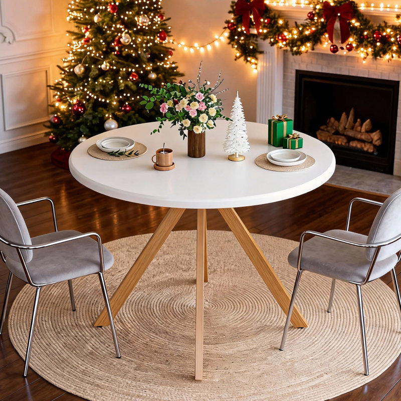 Breshia 39.4" Pedestal Dining Table, White Top/Oak Base