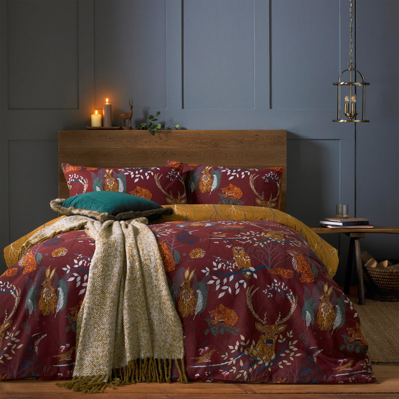 Cotton Blend Animal Print Duvet Cover Set with Pillowcases, Red/Brown, Super King - 2 Standard Pillowcases