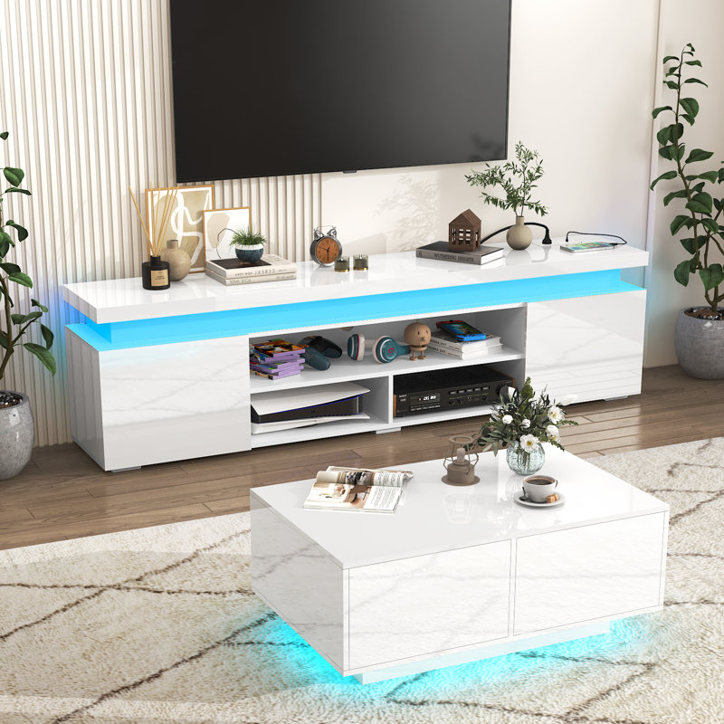 TV Stand/Media Console For Tvs With Power Outlets, USB Ports And LED Light Strips, 82.7" W, White