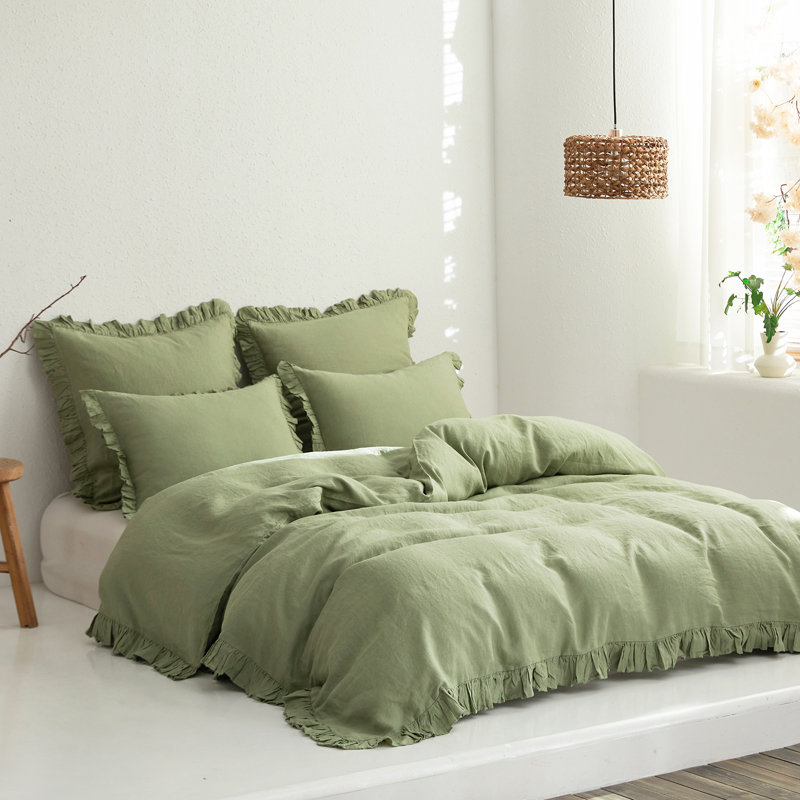 Linen Ruffled Duvet Cover Set, Queen Duvet Cover + 2 Standard Shams, Sage Green
