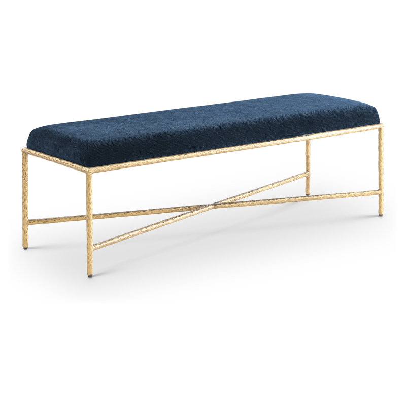 Iyania Chenille Fabric Bench, Navy Chenille Fabric, Gold