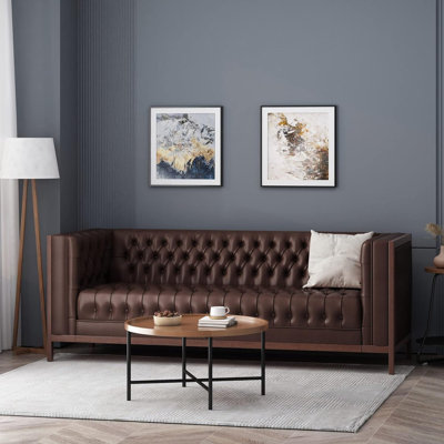 Chesterfield 3-Seater Sofa, Tufted Faux Leather Couch for Living Room, Dark Brown