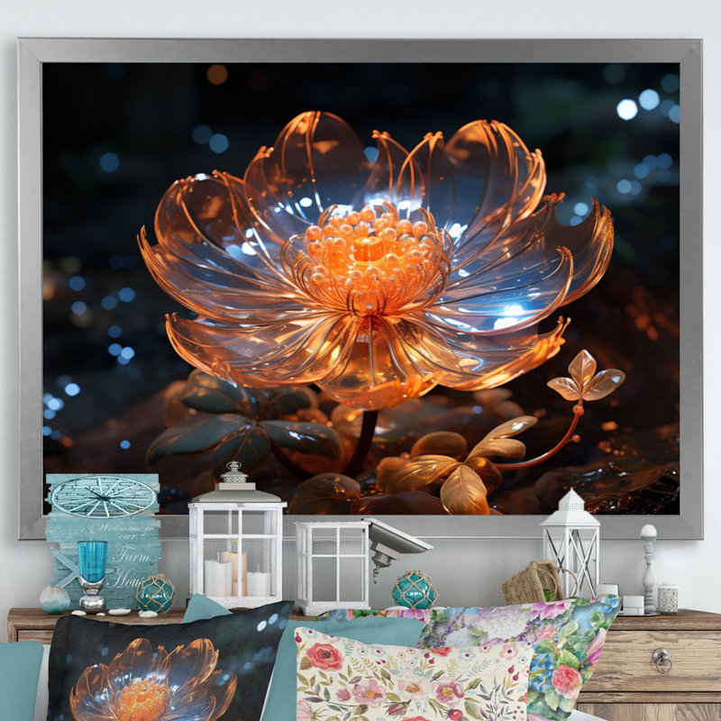 Fleurs de cristal orange III sur toile, Cadre photo argenté, H 16 po x l 32 po x P 1 po