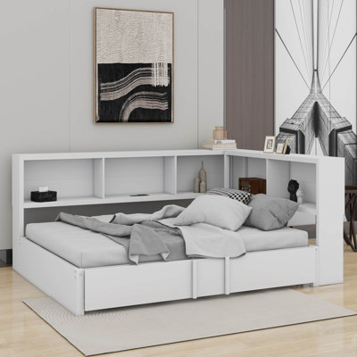 Lit de jour double en métal avec lit gigogne, armoires de rangement et ports USB