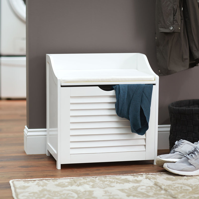 White Wooden Hamper Bench with Shutter Front and Lid