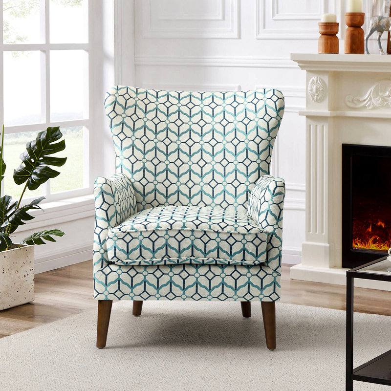 Alayzhia 28.5" W Upholstered Armchair with Wingback Design, Cream/Blue 100% Polyester