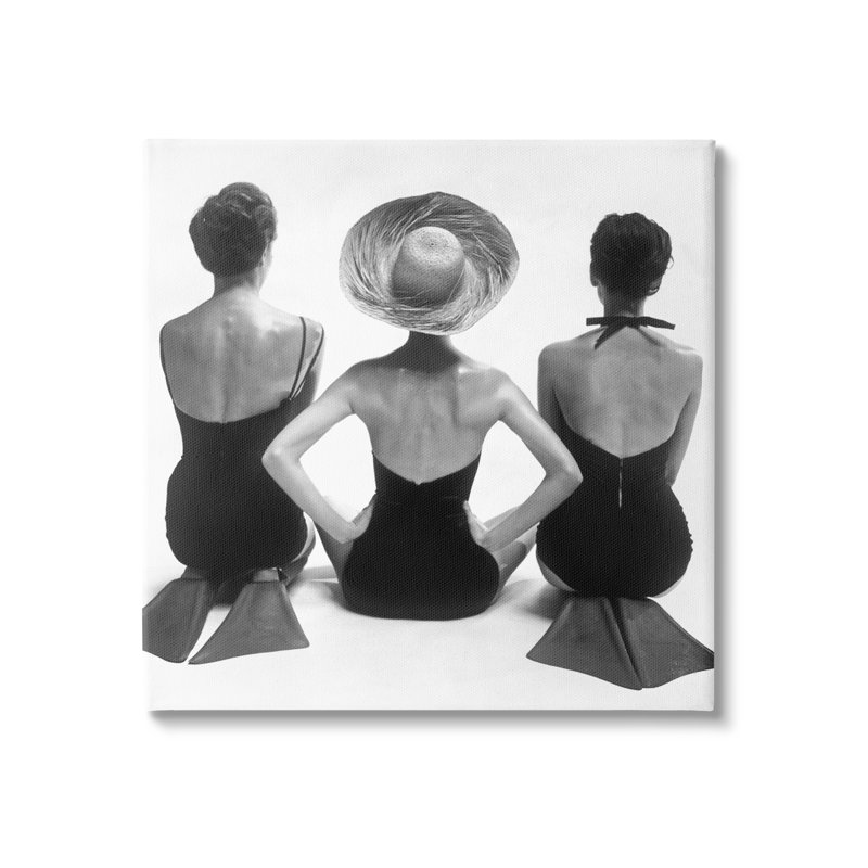 Women Sitting Beach Monochrome Vintage Swimsuits Flippers  Stretched Canvas Wall Art by Graffitee Studios